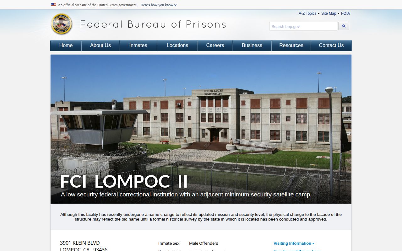 Federal Correctional Institution Lompoc II and satellite camp release records source
