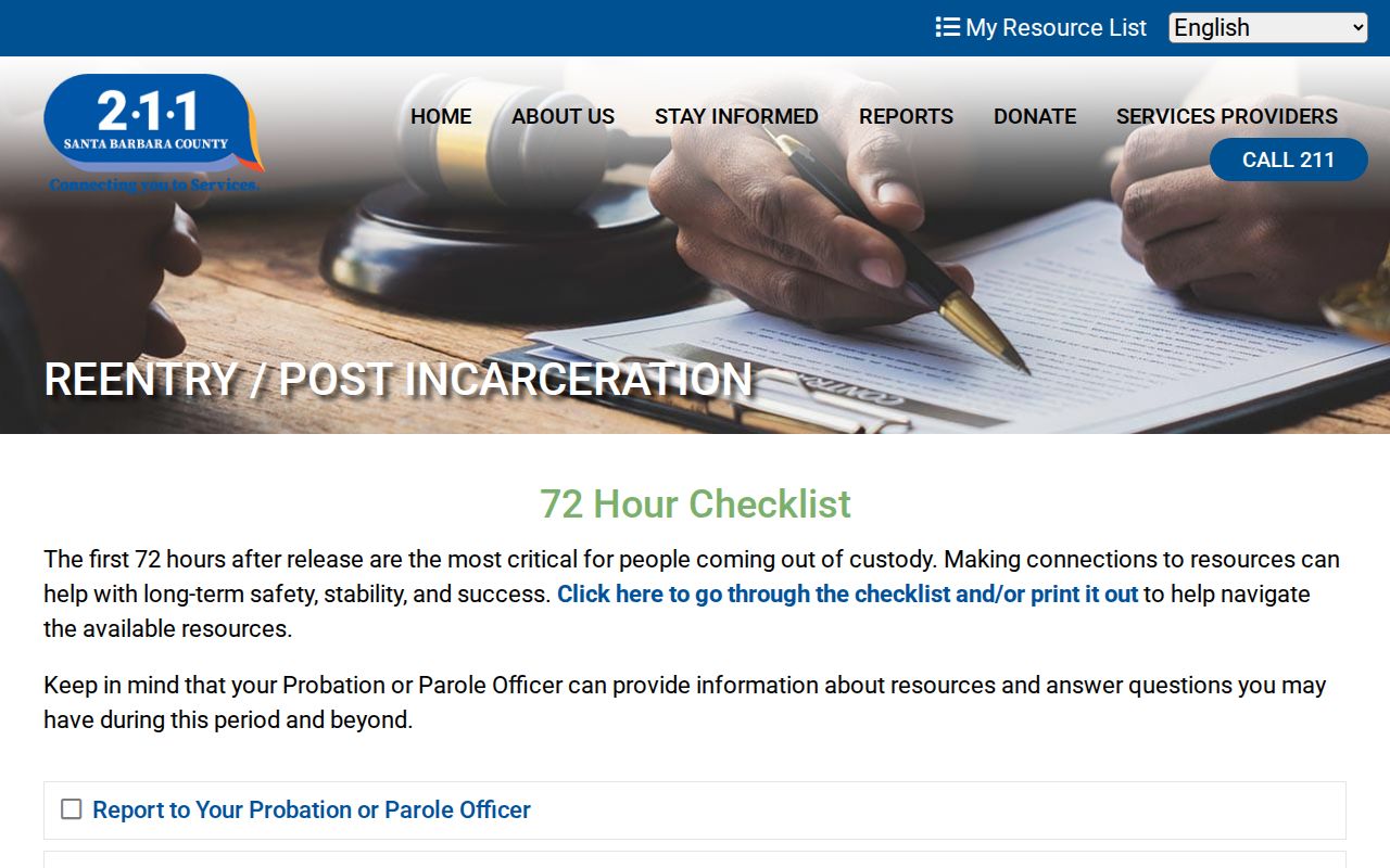 Santa Barbara County 72-Hour Release List reentry checklist source